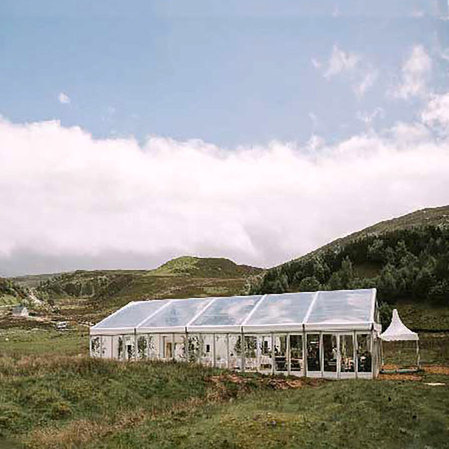 Barraca de vidro para festa, estrutura de alumínio à prova de vento, retardante de fogo, venda por atacado, evento branco, parede lateral sólida, resistente