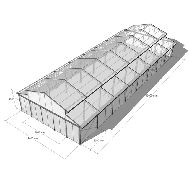 Tenda transparente para festa, 15x40m, grande, 300 lugares, estrutura preta, átrio, eventos ao ar livre