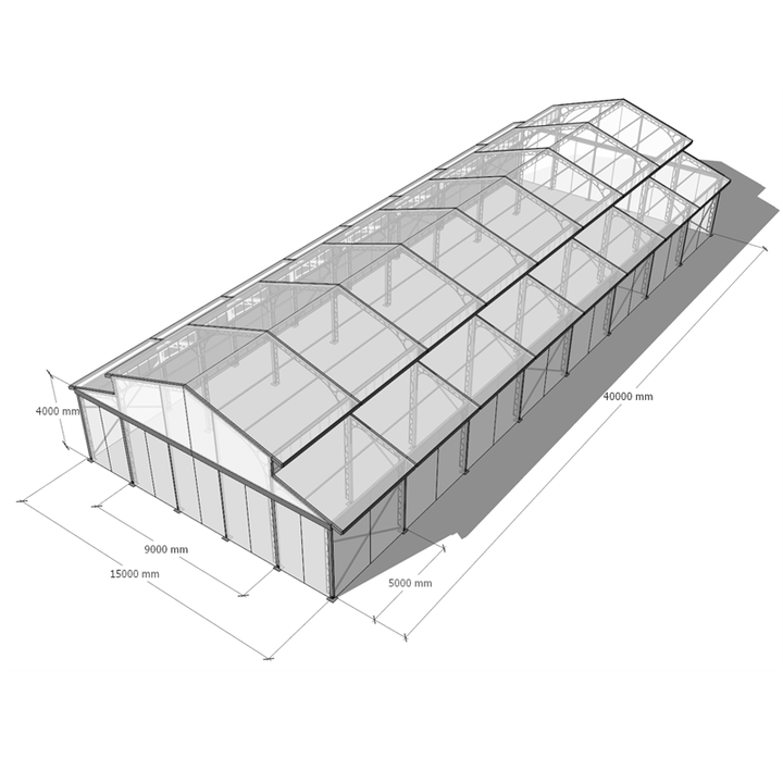 Tenda transparente para festa, 15x40m, grande, 300 lugares, estrutura preta, átrio, eventos ao ar livre