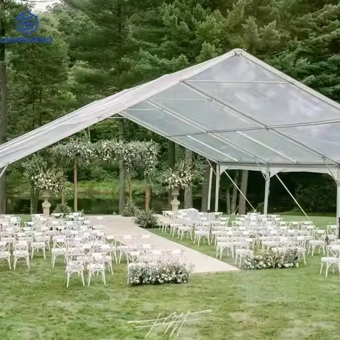 Tenda durável com estrutura em A com paredes laterais de vidro PVC, postes de alumínio para aplicações industriais e de eventos